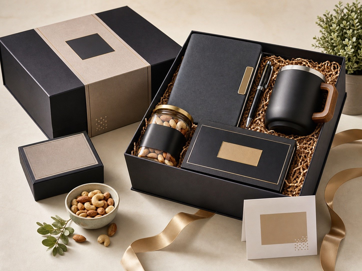 Elegant gift boxes and branded stationery arranged for corporate gifting