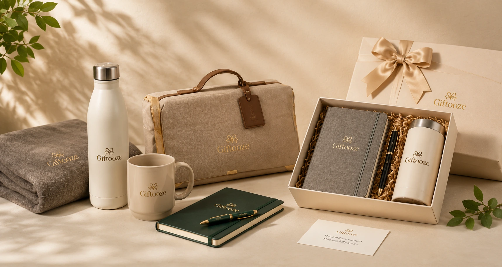 Corporate welcome kit with branded notebook and bottle