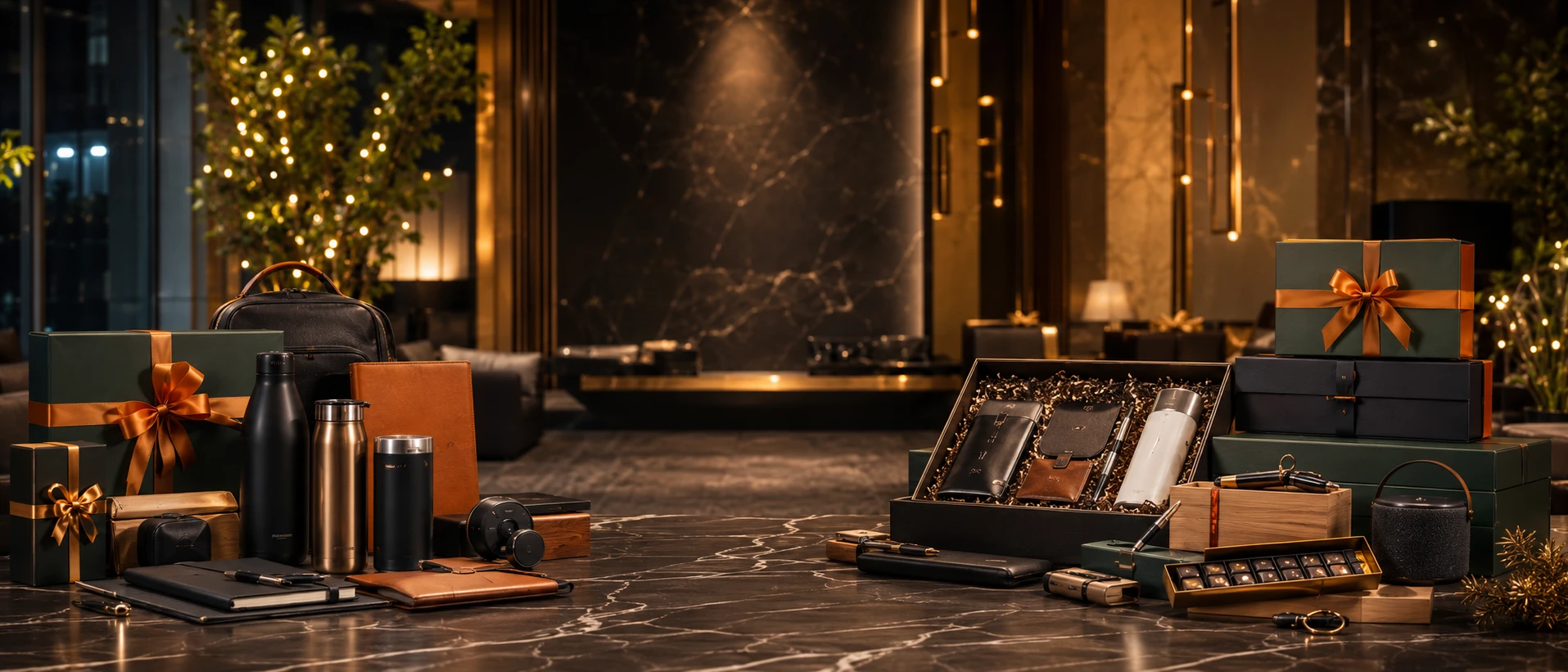 Executive consultation desk with notebook, laptop and gift samples